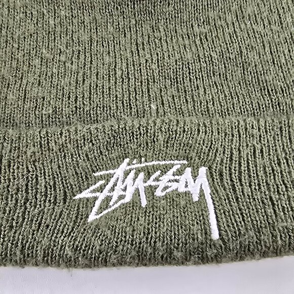 Stussy Olive Green Knit Beanie Made in USA 100% Acrylic Cuffed Winter Hat Street - Picture 2 of 7